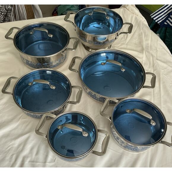 VINTAGE BLUE WILLOW 12 Pc Set Cuisine Cookware 18/10 Stainless Steel 3 Ply Base - Picture 1 of 16